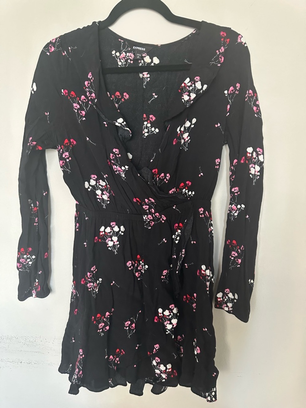 Express Black Floral Wrap Dress - Pink & White Blooms